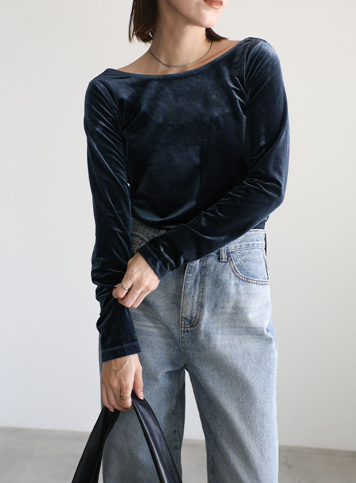 L'AUBE BLANC]カップ付きシャープネックベロアトップス | KOBUNSHA