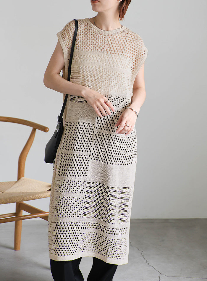 ノースリーブリネンタッチパッチワークメッシュワンピース【SALE