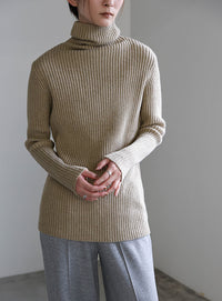 タートルネックリブニット