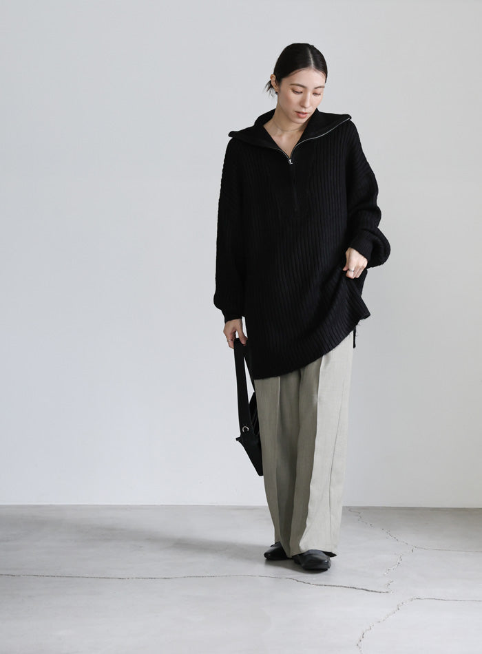 オーバーサイズリブ編みハーフジップニット