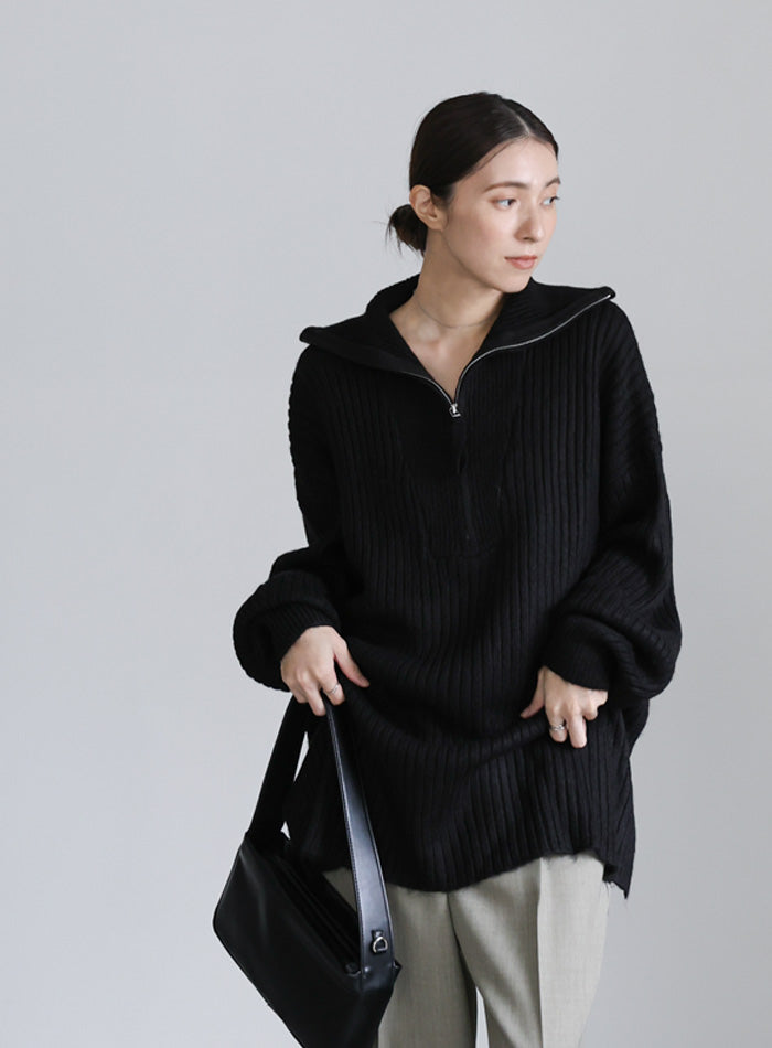 オーバーサイズリブ編みハーフジップニット