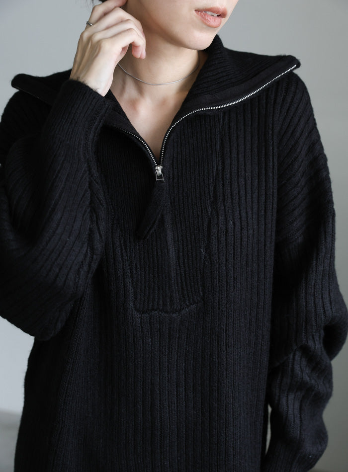 オーバーサイズリブ編みハーフジップニット