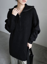 オーバーサイズリブ編みハーフジップニット