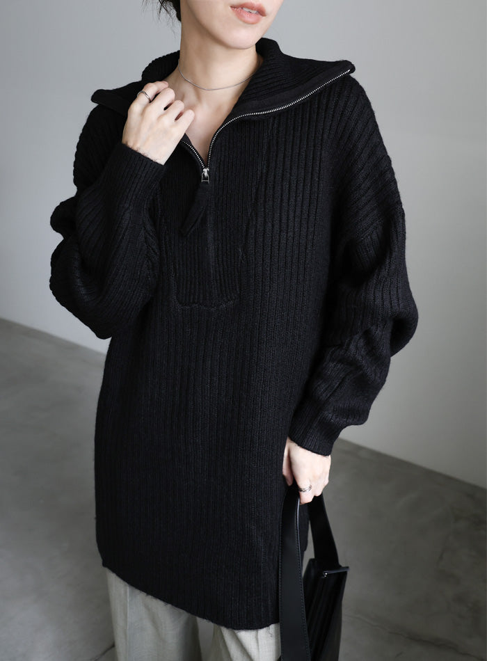 オーバーサイズリブ編みハーフジップニット