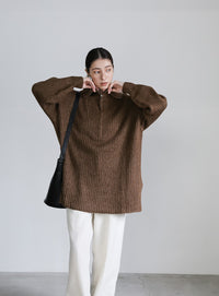 オーバーサイズリブ編みハーフジップニット