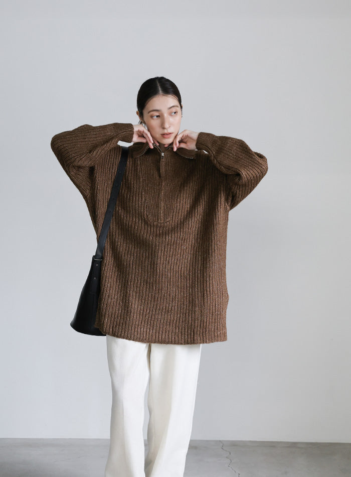 オーバーサイズリブ編みハーフジップニット