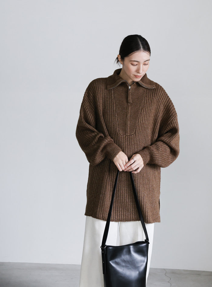 オーバーサイズリブ編みハーフジップニット