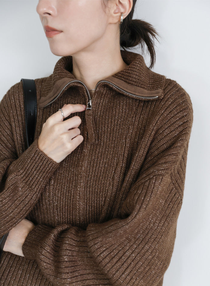 オーバーサイズリブ編みハーフジップニット