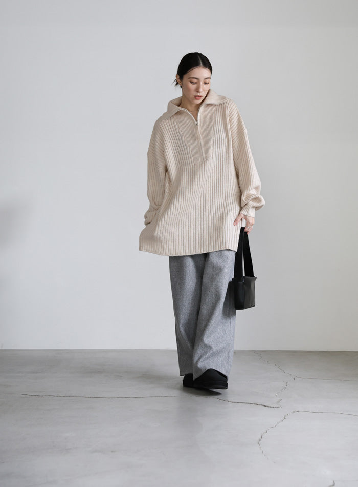 オーバーサイズリブ編みハーフジップニット