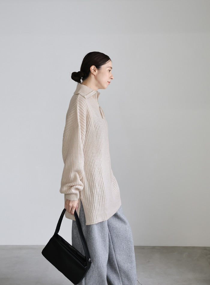 オーバーサイズリブ編みハーフジップニット
