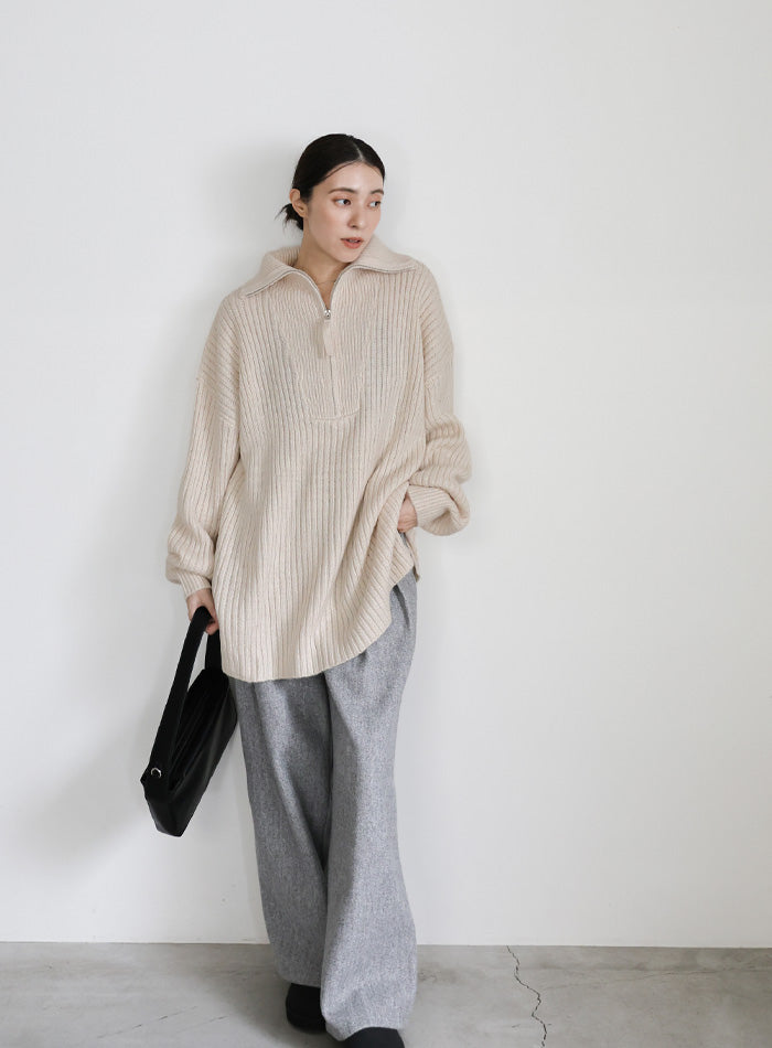 オーバーサイズリブ編みハーフジップニット