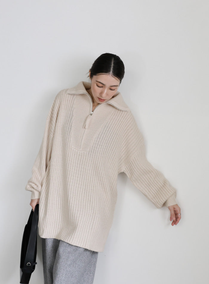 オーバーサイズリブ編みハーフジップニット