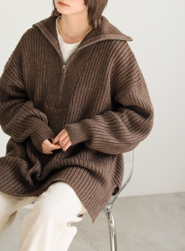 オーバーサイズリブ編みハーフジップニット【SALE】