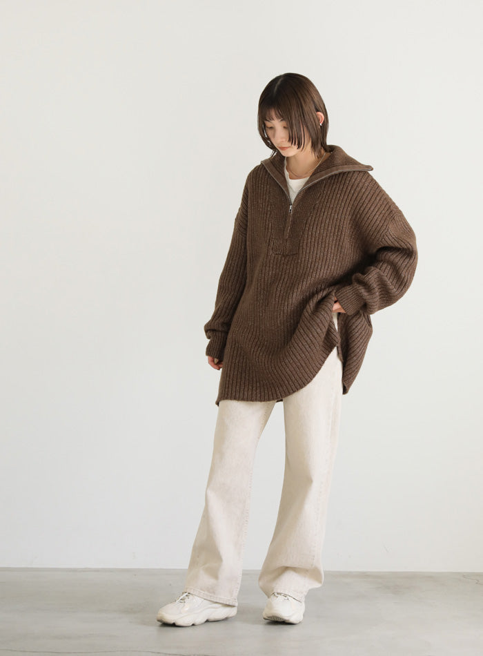 オーバーサイズリブ編みハーフジップニット【SALE】