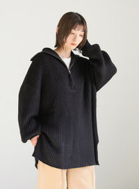 オーバーサイズリブ編みハーフジップニット【SALE】