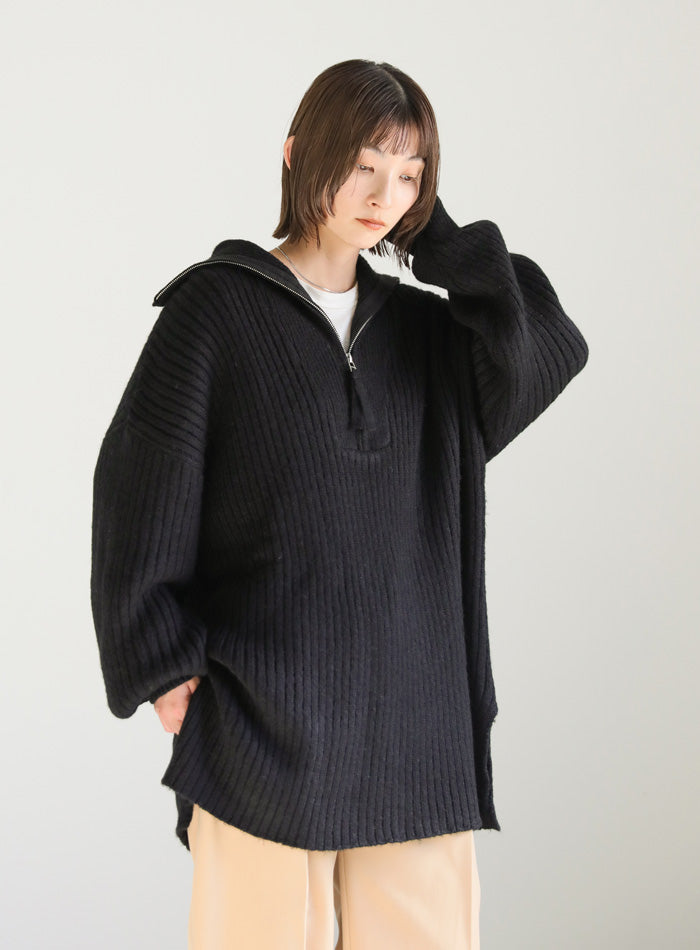 オーバーサイズリブ編みハーフジップニット【SALE】