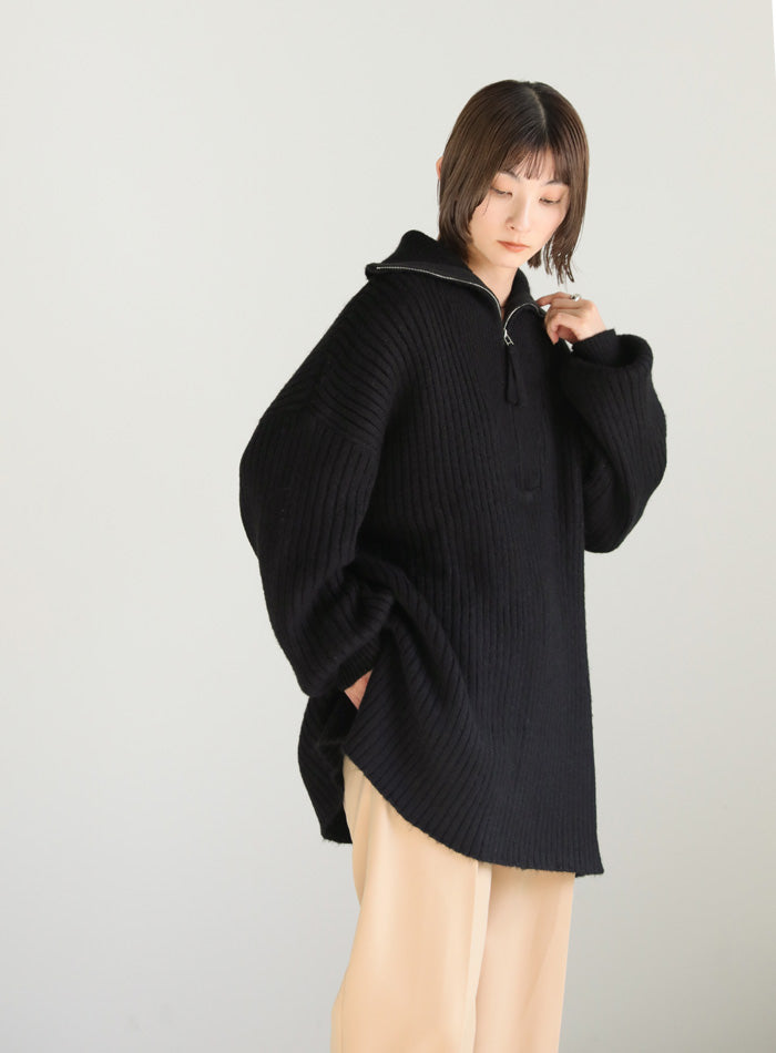 オーバーサイズリブ編みハーフジップニット【SALE】