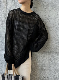クルーネック透かし編みニットトップス