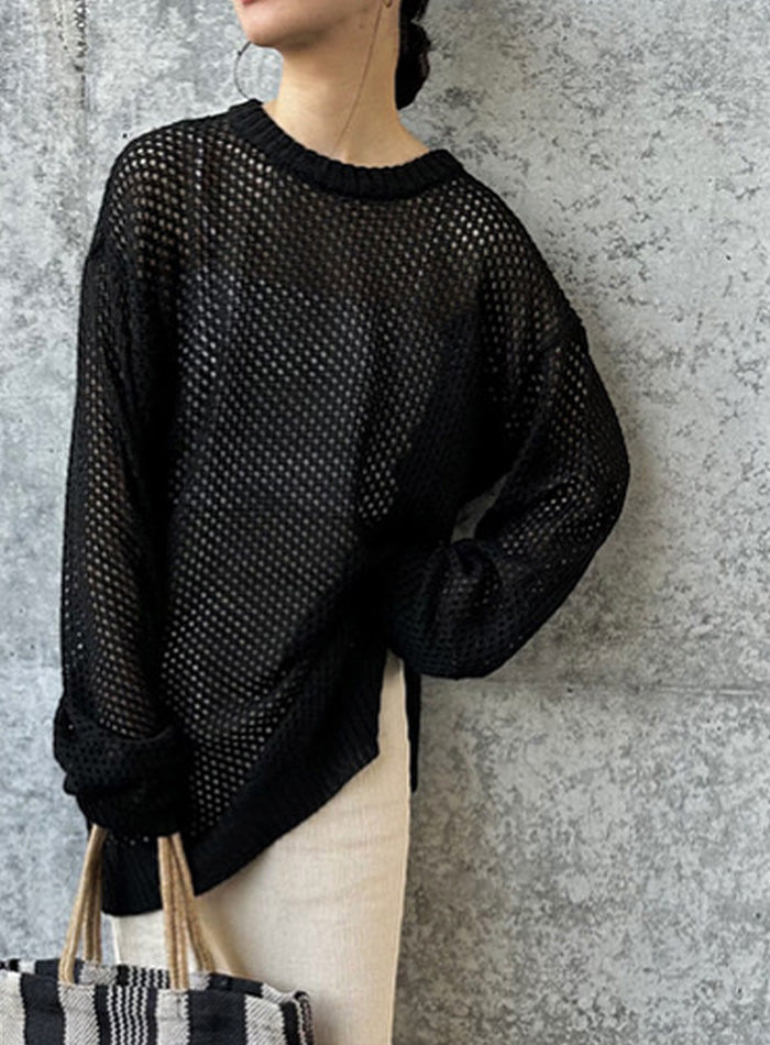 クルーネック透かし編みニットトップス