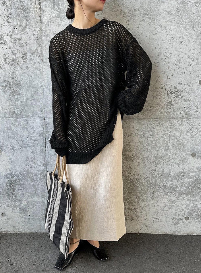 クルーネック透かし編みニットトップス