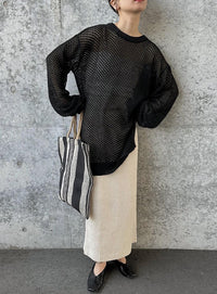 クルーネック透かし編みニットトップス