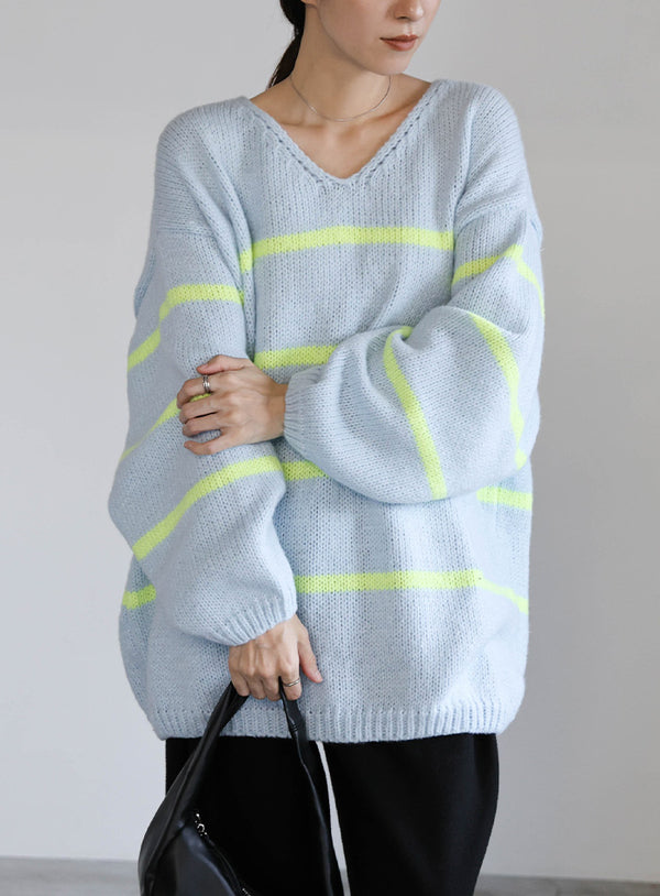 Vネックボーダールーズニット【SALE】
