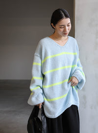 Vネックボーダールーズニット