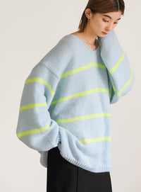 Vネックボーダールーズニット【SALE】