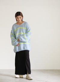 Vネックボーダールーズニット【SALE】