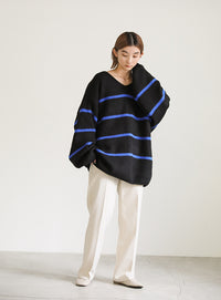 Vネックボーダールーズニット【SALE】