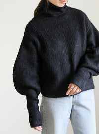 ボリュームスリーブタートル起毛ニット