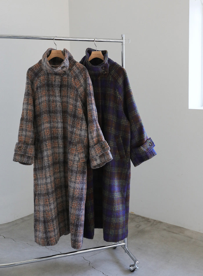 シャギーチェックスタンドカラーラグランコート【official限定】