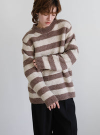 クルーネックボーダーシャギーニット