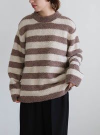 クルーネックボーダーシャギーニット