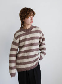 クルーネックボーダーシャギーニット