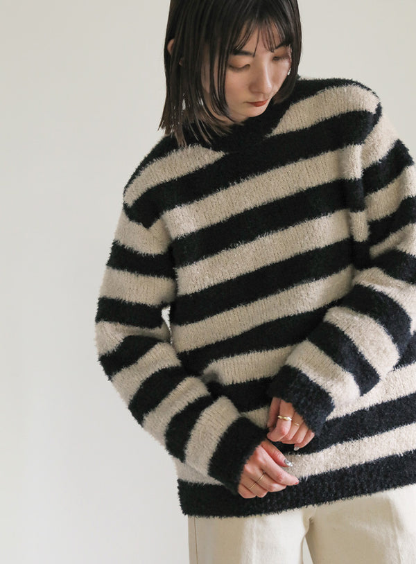 クルーネックボーダーシャギーニット【SALE】