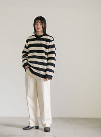 クルーネックボーダーシャギーニット【SALE】