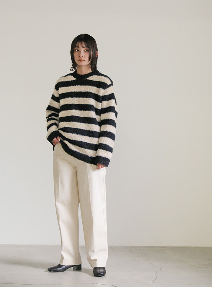 クルーネックボーダーシャギーニット【SALE】