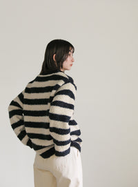 クルーネックボーダーシャギーニット【SALE】