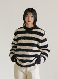 クルーネックボーダーシャギーニット【SALE】