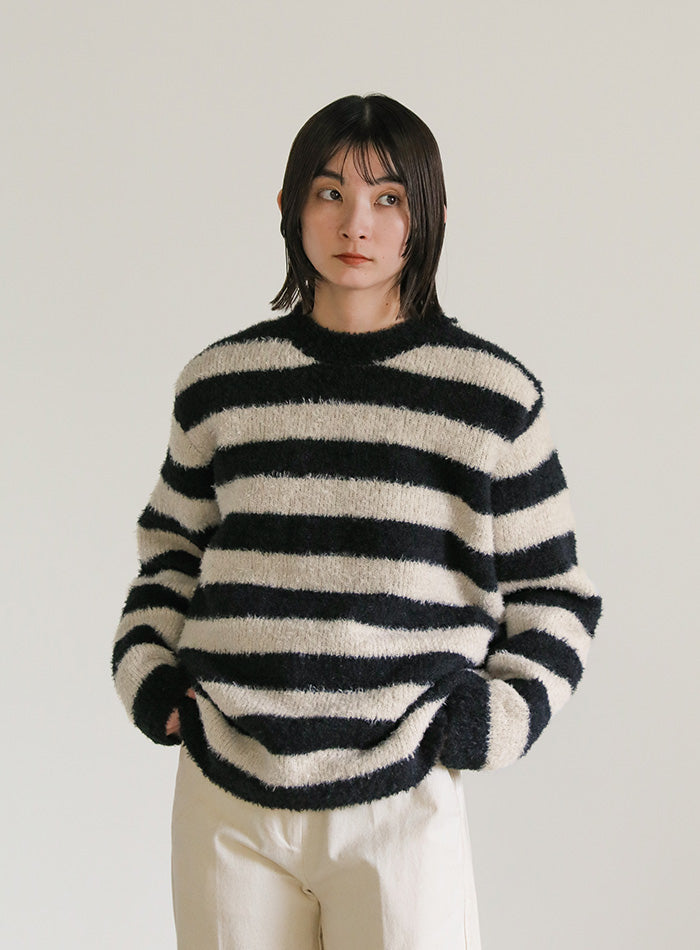 クルーネックボーダーシャギーニット【SALE】