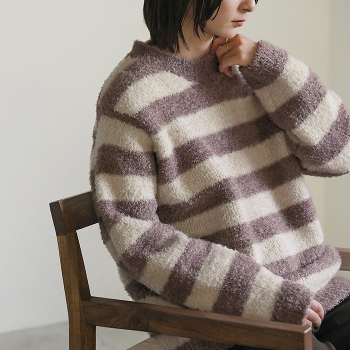 クルーネックボーダーシャギーニット【SALE】