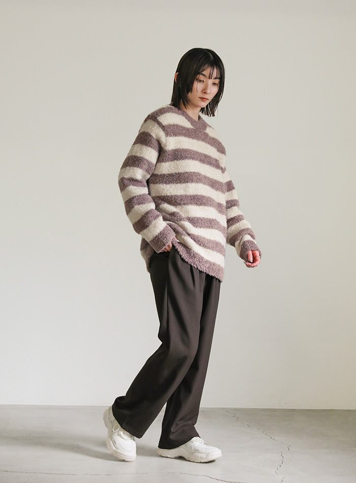 クルーネックボーダーシャギーニット【SALE】