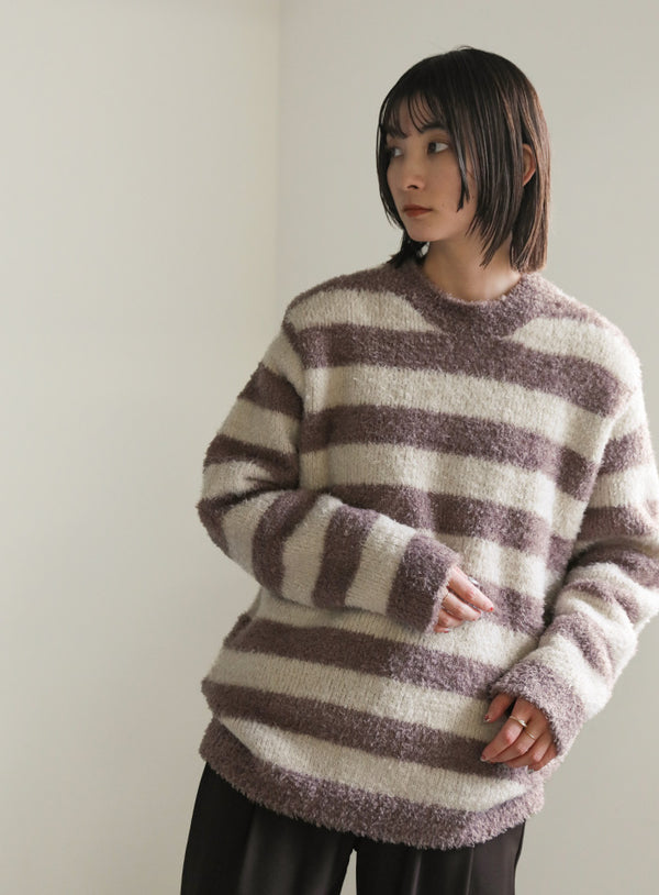 クルーネックボーダーシャギーニット【SALE】