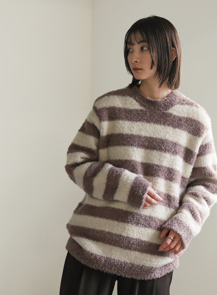 クルーネックボーダーシャギーニット【SALE】