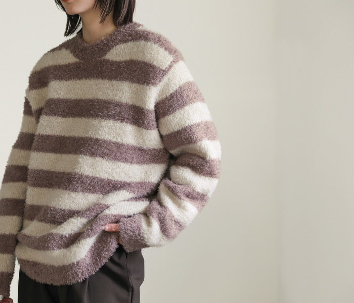 クルーネックボーダーシャギーニット【SALE】
