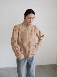 ハイネックフリンジニットジャケット