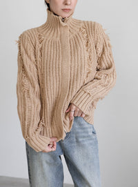 ハイネックフリンジニットジャケット