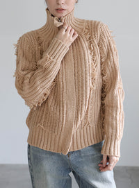 ハイネックフリンジニットジャケット