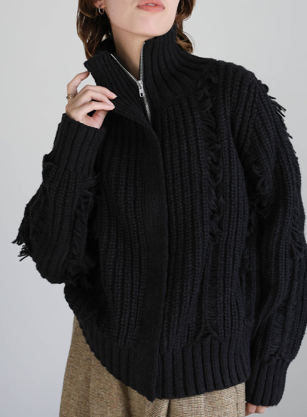 ハイネックフリンジニットジャケット